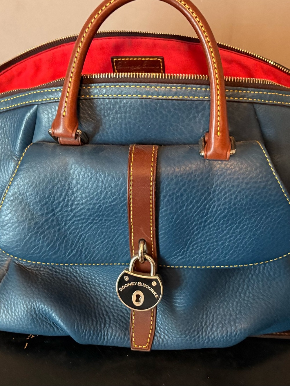Dooney & Bourke Blue Leather Messenger with Brown Trim